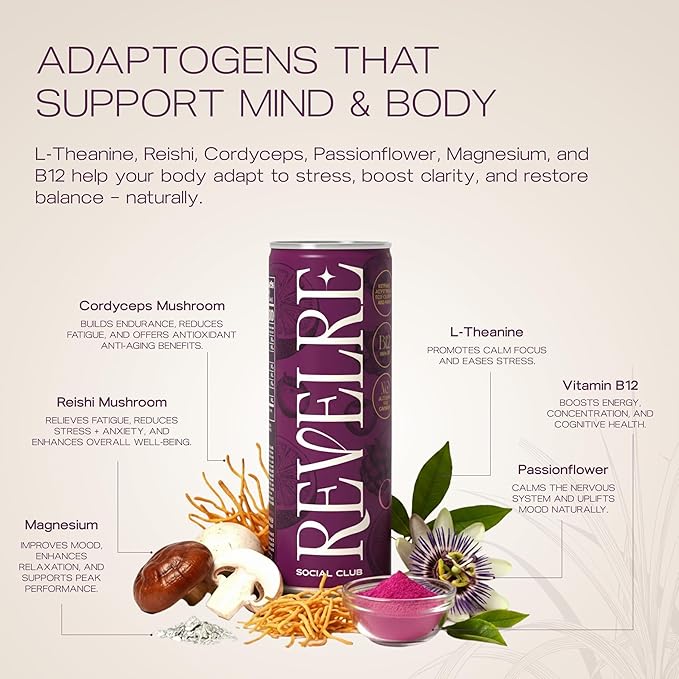 Revelre Functional Social Tonic with Ketones and Adaptogens - Mindful Blend for Focus and Calm - Ketones Magnesium B12 Reishi &amp Cordyceps Mushrooms - Non Alcoholic - Cosmic Cola 12 oz (12 Pac