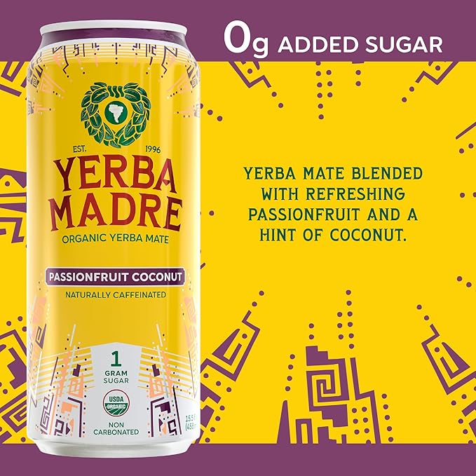 Yerba Madre Organic Yerba Mate Energy Drink Alternative Passionfruit Coconut 150mg Plant Based Caffeine Smooth Energy &amp Focus No Jitters or Crash 15.5oz Cans (Pack of 12)