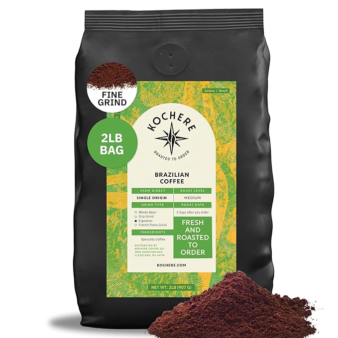 Brazilian Santos Medium Roast Coffee Beans - 2LB Single Origin Arabica Specialty Coffee Espresso Fine Grind Freshly Roasted to Order Fair Trade