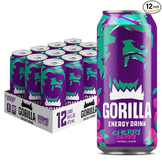 Gorilla Energy Drink Cherry Berry 200mg Natural Caffeine Real Fruit Juice Squeezed &amp Concentrated L-Theanine Taurine Ginseng Acetyl L-Carnitine No Added Sugar and No Artificial Colors 12