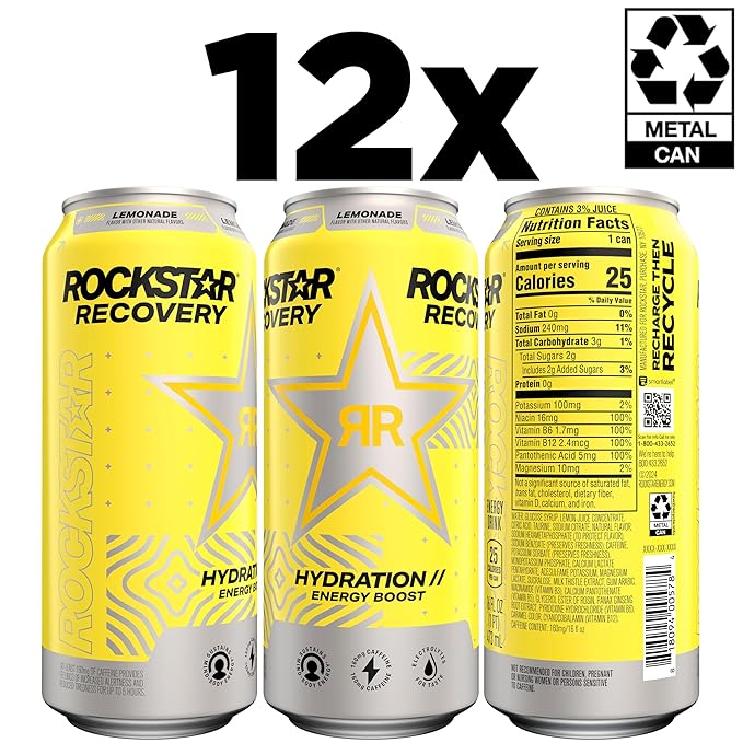 Rockstar Energy Drink with Caffeine Taurine and Electrolytes Recovery Lemonade 16oz (12 Pack) (Packaging May Vary)