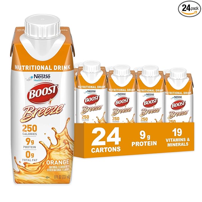 BOOST Breeze Clear Nutritional Drink - 250 Calories - 19 Vitamins &amp Minerals - 9 g Protein – Fortified Clear with Vitamin A &amp Zinc - Orange Flavor - 8 fl oz (Pack of 24)