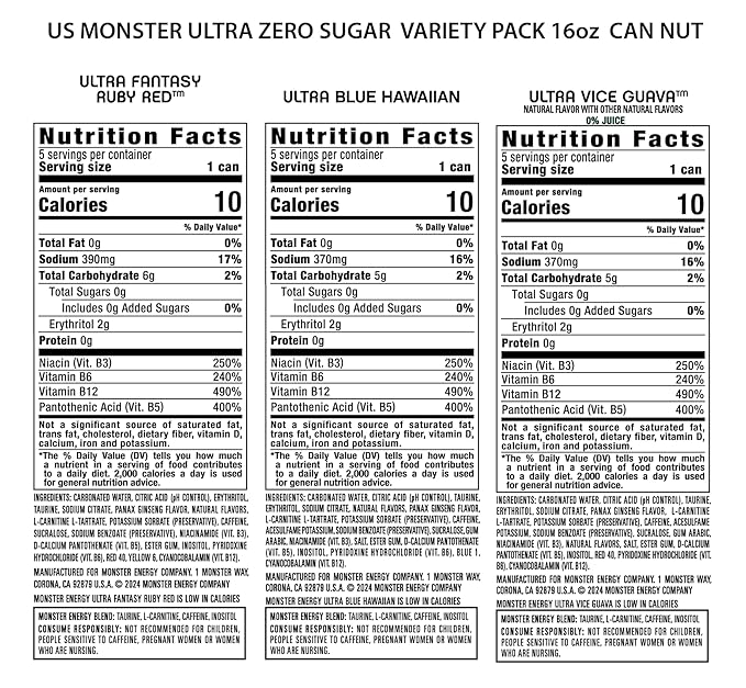 Monster Energy Ultra Variety Pack Blue Hawaiian Ultra Vice Guava Ultra Fantasy Ruby Red Sugar Free Energy Drink 16 Ounce (Pack of 15)
