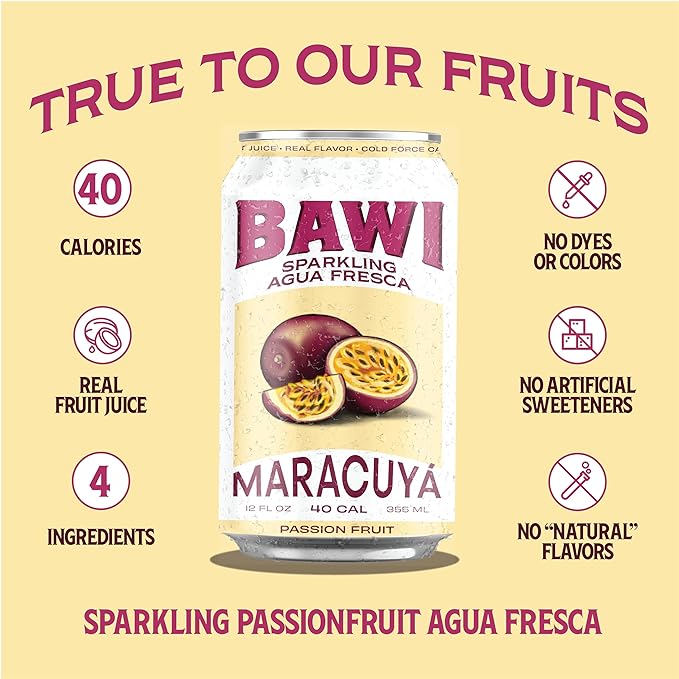 Bawi Agua Fresca Passion Fruit Flavored Sparkling Drink 12 Fluid Ounces (Pack Of 12)