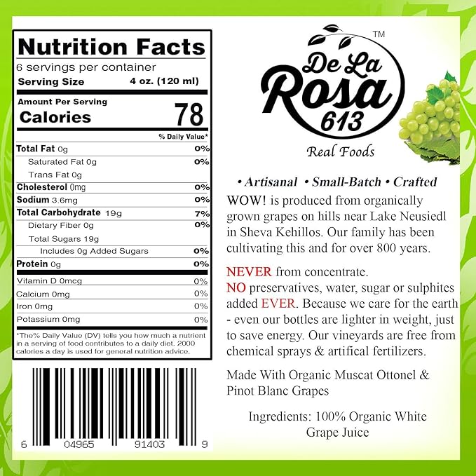 De La Rosa Organic White Grape Juice Kosher Non-GMO &amp Gluten Free No Preservatives or Sulfites Vegan White Grape Juice 25.4 Oz Glass Bottle (Pack of 6)
