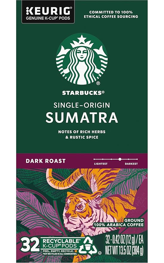 Starbucks Coffee K-Cup Pods Sumatra Single-Origin Coffee Dark Roast Ground Coffee Keurig Genuine K-Cup Pods 32 Count (Pack of 4)