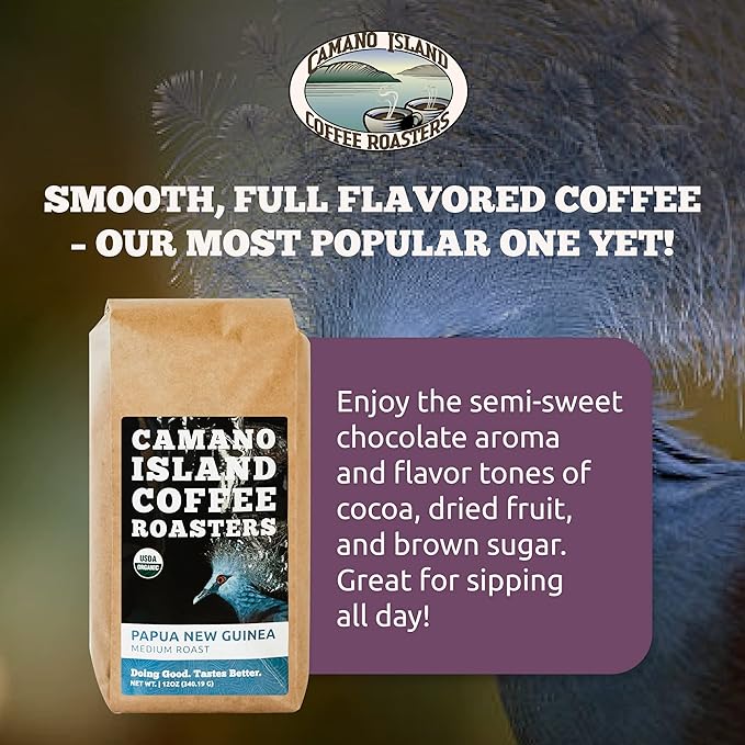Camano Island Coffee Roasters Papua New Guinea Whole Bean 12oz Fresh Medium Roast USDA Organic Fairly Traded Shade Grown Top 1% Arabica Delicious Cocoa Dried Fruit Brown Sugar Flavor Profile