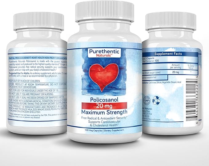 Purethentic Naturals Policosanol 20mg | Supports Cardiovascular &amp Cholesterol Health* | Free Radical &amp Antioxidant Protection* | from Pure Sugar Cane with No Unnecessary Fillers | 100 Veg Caps