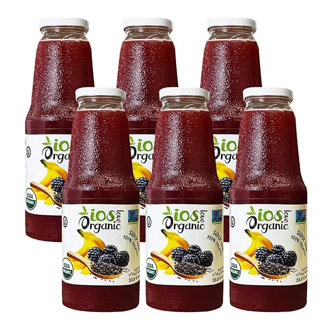 IOS Love Organic Juice - USDA Organic Certified - Cold Pressed No Added Sugar No Water No Artificial Colors No Preservatives No Flavors Added No Gluten - 33.8 Fl Oz (Super Chia Pack of 6)