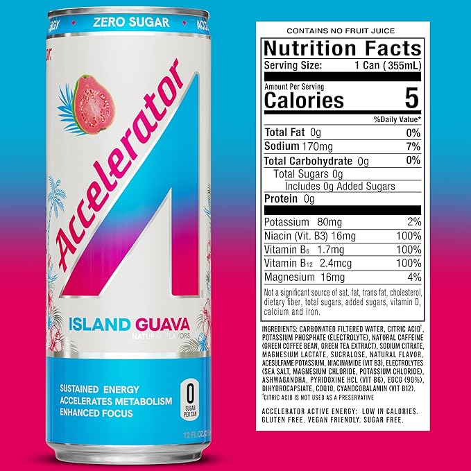 Accelerator Energy Drink Island Guava 12oz can (12 pack) Zero Sugar Sustained Energy from 100% Natural Caffeine (200mg from Green Coffee Bean &amp Green Tea extract)
