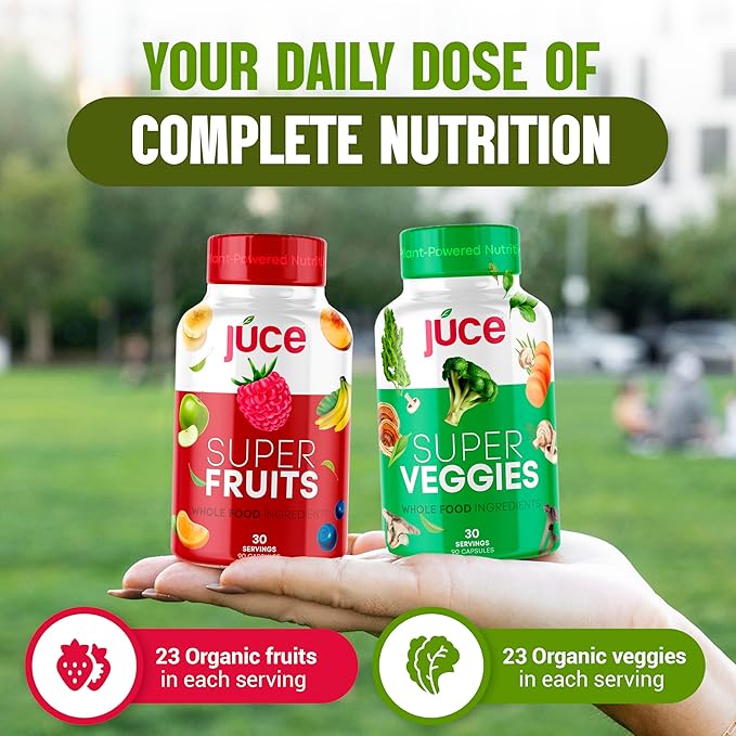 Juce Original Formula - Organic Super Fruit &amp Veggies Supplement - Gluten/Gelatin Free Soy Free &amp Vegan- Reds &amp Greens Superfood Capsules- 23 Fruits &amp 23 Vegetables (180 Count)- By Te