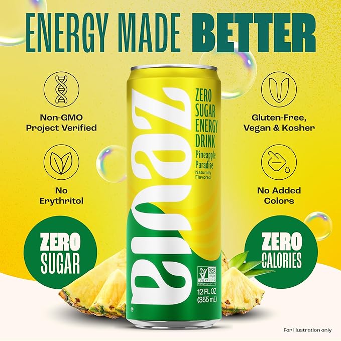 Zevia Zero Sugar Energy DrinkPineapple Paradise12 oz Cans – Naturally SweetenedNon-GMO Project VerifiedGluten-FreeVegan(Pack of 24)