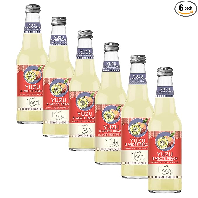 Moshi Yuzu Sparkling Drink Aromatic and Zesty Made with 100% Yuzu juice All-Natural Vegan Gluten-free No Artificial Preservatives/Coloring - 12 oz (6 Glass Bottles) - White Peach