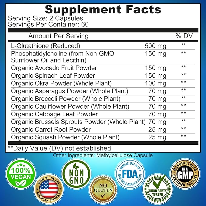 Liposomal Glutathione 500mg - Active Form L Glutathione (Reduced) for Maximum Absorption - Made with Organic Whole Foods - Master Antioxidant &amp Detoxifier - Immune &amp Cardiovascular Support - 1