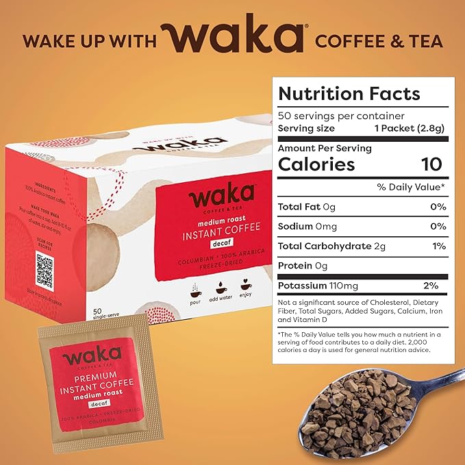 Waka Decaf Premium Instant Coffee — 100% Colombian Arabica Freeze Dried Beans — For Hot or Iced Coffee (Single-Serve 50 ct)