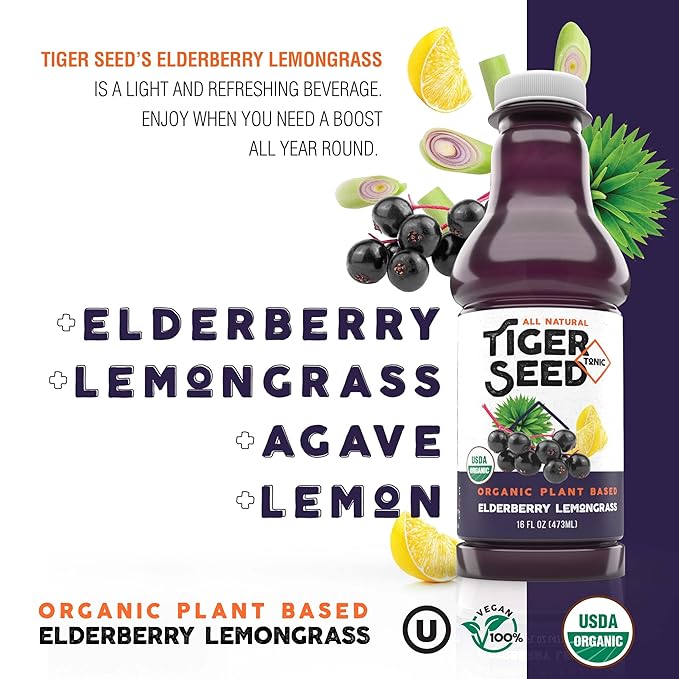 Ginger Aid Turmeric Tea and Elderberry Lemongrass - Tiger Seed Beverage Variety Pack - Plant Based Hydration &amp Immune Support - 16 FL OZ Bottles (Pack of 12) Organic Vegan Kosher