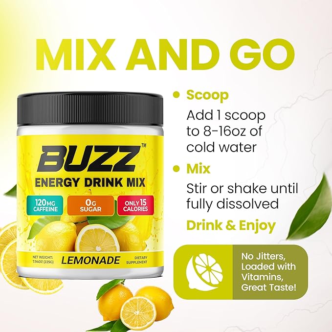 Morning Buzz Energy Drink Powder - Energy Boost - Sugar-Free Energy with Antioxidants - Morning Kick and Sports Nutrition Endurance Product - 30 Servings Lemonade 8 Ounces