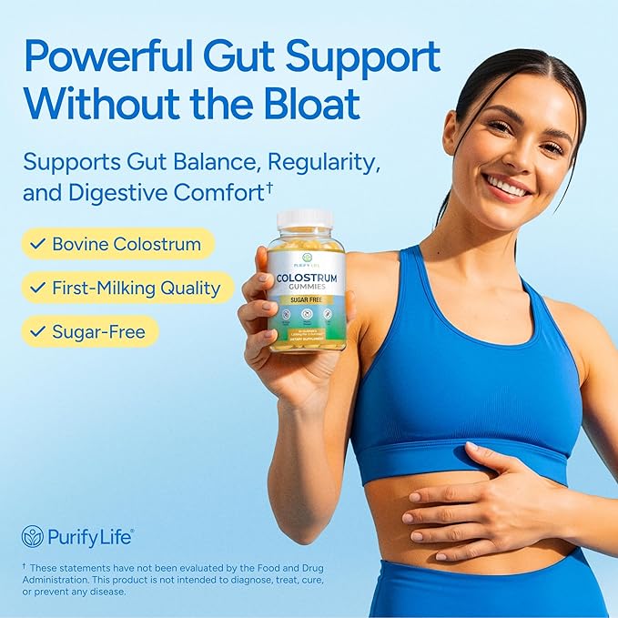 Sugar-Free Colostrum Gummies (1500mg) Bovine Colostrum for Humans Grass-Fed Supplement for Gut Health Leaky Gut Repair Immune Support Skin Health - 35% IgG Per Serving