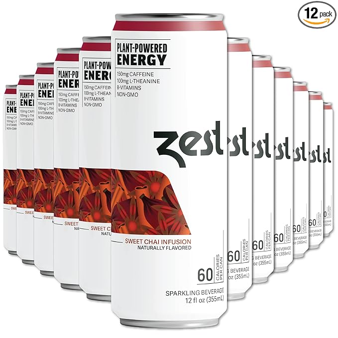 Zest Clean Energy Drink – Sweet Chai Infusion – 150mg Caffeine + 100mg L-Theanine – Natural Focus &amp Concentration Boost – Healthy Energy Drink 12oz Can 12 Pack – Low Sugar No Artificial Sweetener