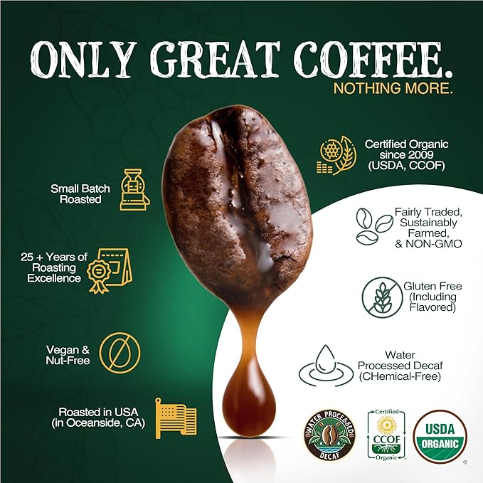 The Bean Organic Coffee Company Water Processed DECAF Caramel Medium Roast Ground Coffee 16-Ounce Bags (Pack of 2) Café Molido Tostado Orgánico descafeinado