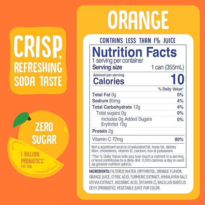 Cove Probiotic Soda Soft Drinks with Zero Sugar – Refreshing Functional Soda Alternative with Probiotics &amp Vitamin C – Naturally Flavored Caffeine-Free Sparkling Beverage - Orange 12 Pack