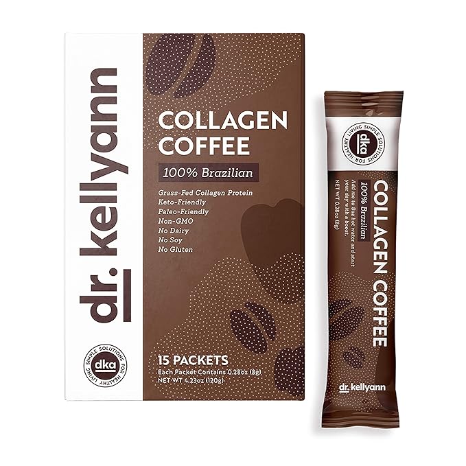 Dr. Kellyann Grass-Fed Collagen Instant Coffee (15 Packets) - Keto &amp Paleo Friendly - Sugar free Dairy free Grain Free - Brazilian Collagen Coffee-to-Go