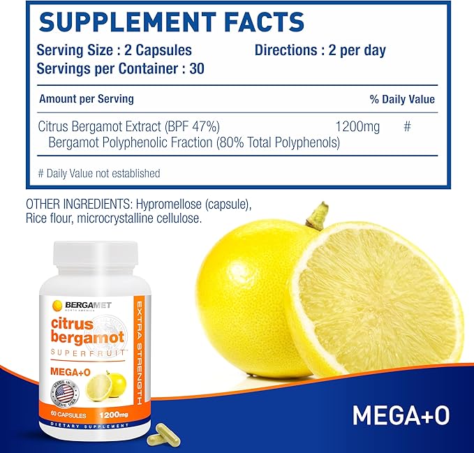 BergaMet Citrus Bergamot Supplement 170:1 Extract 1200mg per Serving 80% Polyphenols Italian Citrus Bergamot 180 Capsules 3 Months Made in the USA