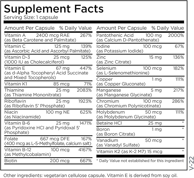 Metabolic Maintenance The Big One - Once Daily Iron-Free Multivitamin Mineral Supplement - Folate B Vitamins Biotin Antioxidants + Vitamin K Immune Support Nutrients Vitamin A + C (90 Capsules)