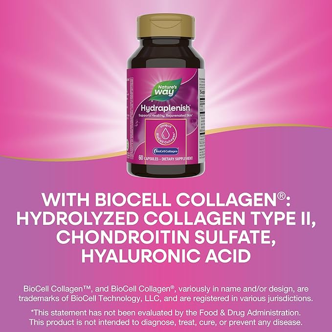 Nature’s Way Hydraplenish Unique BioCell Collagen with Hyaluronic Acid MSM Supports Healthy Hair Skin and Nails* 60 Collagen Supplements Capsules (Packaging May Vary)