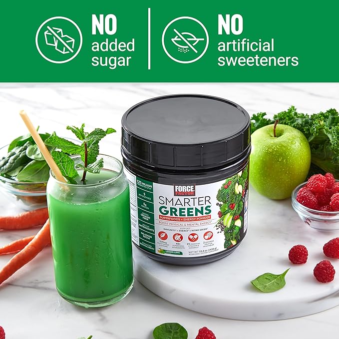 Smarter Greens Superfoods + Energy Powder 2-Pack Greens Powder with Plant-Based Caffeine Probiotics Digestive Enzymes Superfood Powder Boost Energy Support Immunity Force Factor 60 Servings