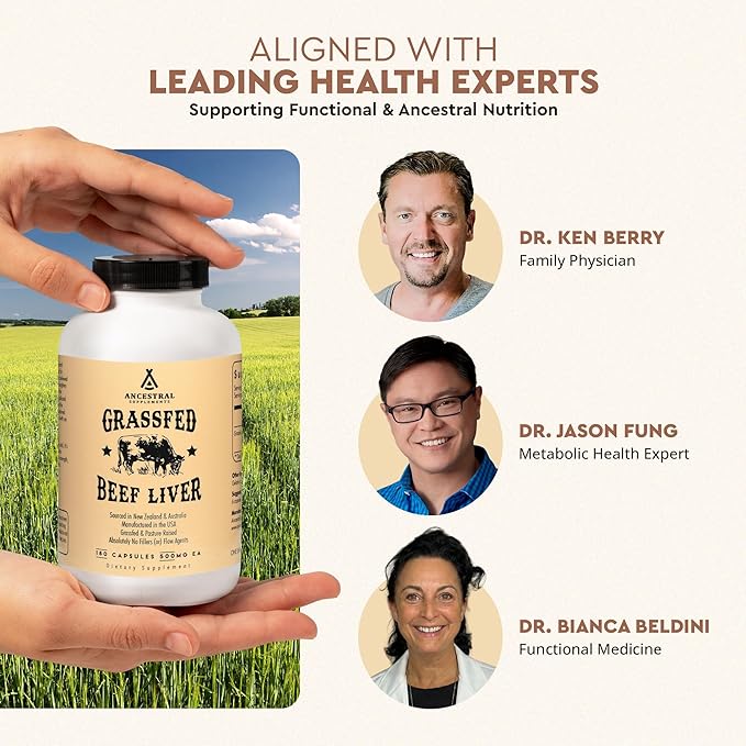 Ancestral Supplements Grass Fed Beef Liver 180 Capsules Supports Energy Production Detoxification Digestion Immunity and Full Body Wellness Non-GMO Freeze Dried Liver Health Supplement