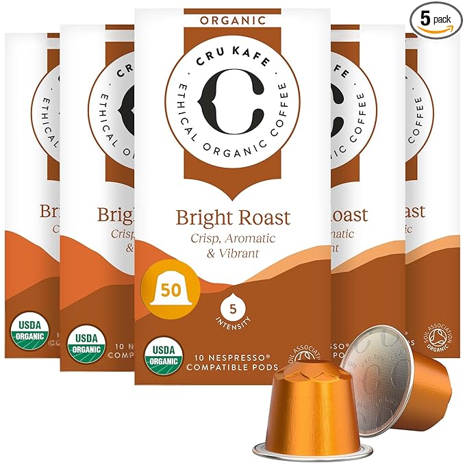 Cru Kafe Bright Roast USDA Organic Espresso Coffee Capsules (50 Pods) Fairtrade Coffee Pods Compatible with Nespresso Original Line and Pixie Machines