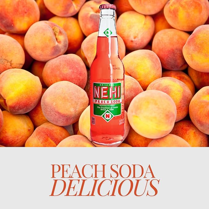 Nehi Peach Soda | Real Cane Sugar | Caffeine Free | Throwback Retro Bottle | 12 oz Glass Bottles with Crazy Soda Pop Bottle Opener (6 Pack)