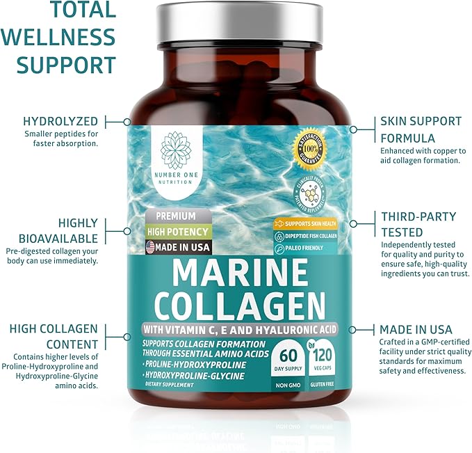Hydrolyzed Marine Collagen with Hyaluronic Acid Vitamin C Theaflavin and Copper Collagen Supplement for Women and Men for Radiant Skin Hair &amp Nails Gluten Free and Non-GMO 120 Veg Caps
