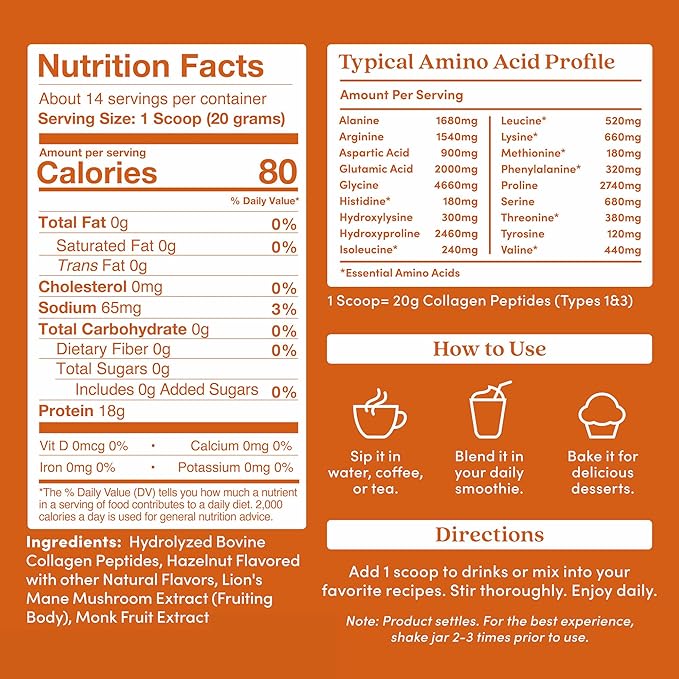 Further Food Hazelnut Collagen Peptides Powder with Lion’s Mane Mushroom Grass-Fed Hydrolyzed Type 1 &amp 3 Protein Gut Health + Joint Hair Skin Nails Paleo Keto Sugar-Free 9.88 oz