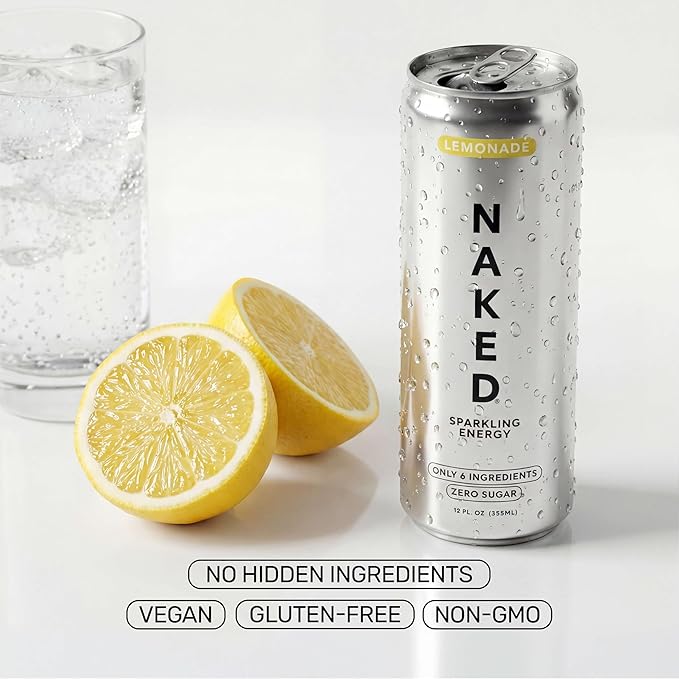 Naked Sparkling Energy Drink - Lemonade Organic Caffeine Organic Lemon Juice Zero Sugar No Sucralose Naturally Sweetened Clean Energy Drinks Vegan Gluten-Free Non-GMO - 12oz Cans (Pack of 12)
