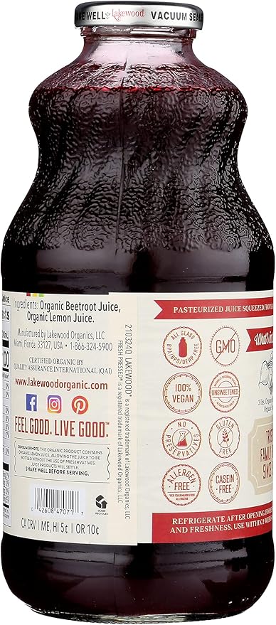 Lakewood Organic Pure Beet Fresh Pressed Beetroot BottleCan 32 Fl Oz Pack of 6
