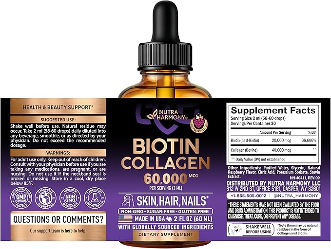 Liquid Biotin &amp Collagen 60000 mcg - Vitamins for Hair Growth Support - Extra Strength Drops for Women &amp Men - Liquid Collagen Supplement - Strong Nails &amp Healthy Skin - Made in USA - 2 F