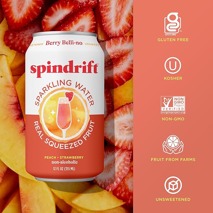 Spindrift Sparkling Water Berry Belli-no Flavored Made with Real Squeezed Fruit 12 Fl Oz Cans Pack of 24 (Only 13 Calories per Can)