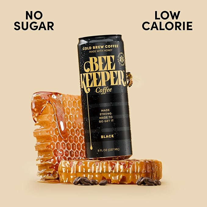 Beekeeper Black Cold Brew Coffee Drinks with Oregon Honey | 12 Pack Refreshing Iced Coffee - Unsweetened &amp Strong Arabica Brew 8 fl oz Ready-to-Drink Can - 180mg Natural Caffeine