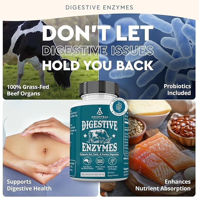 Ancestral Supplements Digestive Enzymes for Women &amp Men 90 Capsules with Probiotics and Grass Fed Beef Organs Supports Gut Health Digestive Health &amp Nutrient Absorption Allergen Free Non