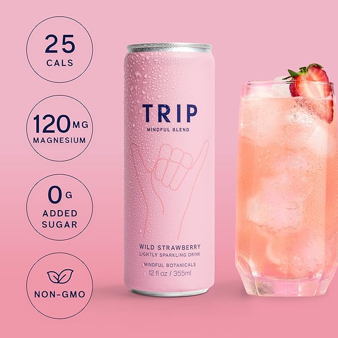 TRIP Lightly Sparkling Adaptogen Drink Non Alcoholic Drink with Magnesium Ashwagandha Lions Mane &amp L Theanine No Added Sugar Mocktail Vegan Wild Strawberry 12 Oz 12Pk
