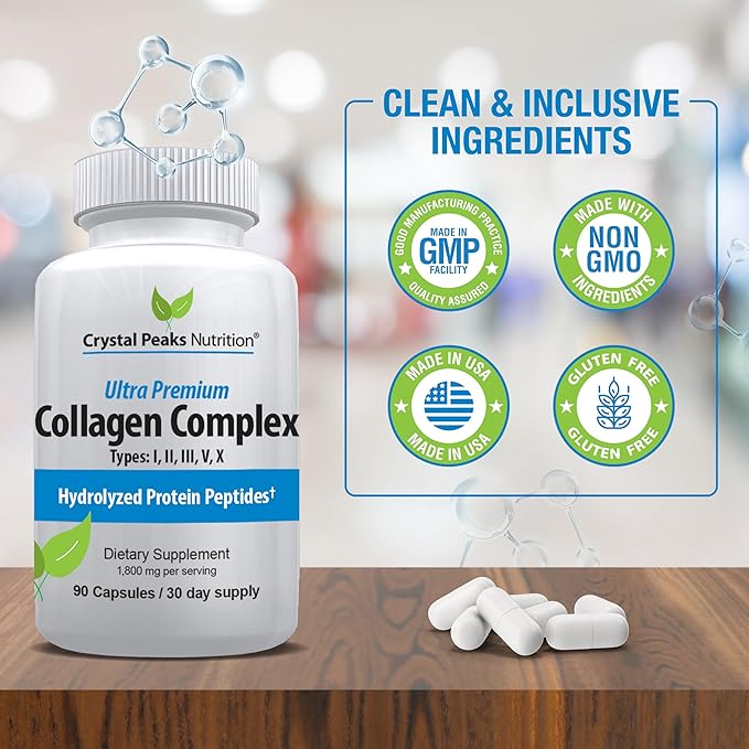 Collagen Peptide Pill - Types I II III V X - Anti-Aging - Premium Collagen Supplements &amp Collagen Pills - Hydrolyzed Protein Pills for Women &amp Men 1800 mg for Youthful Skin
