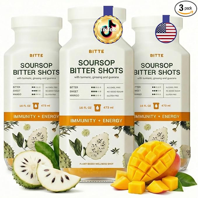 BITTE Immune + Energy Soursop Shots – 3 Pack Ready to Drink Mango Soursop with Zinc Ginseng Guarana &amp Turmeric – Functional Shot Brand for Supplement &amp Juice Lovers – 48 fl oz Total (24 Serv