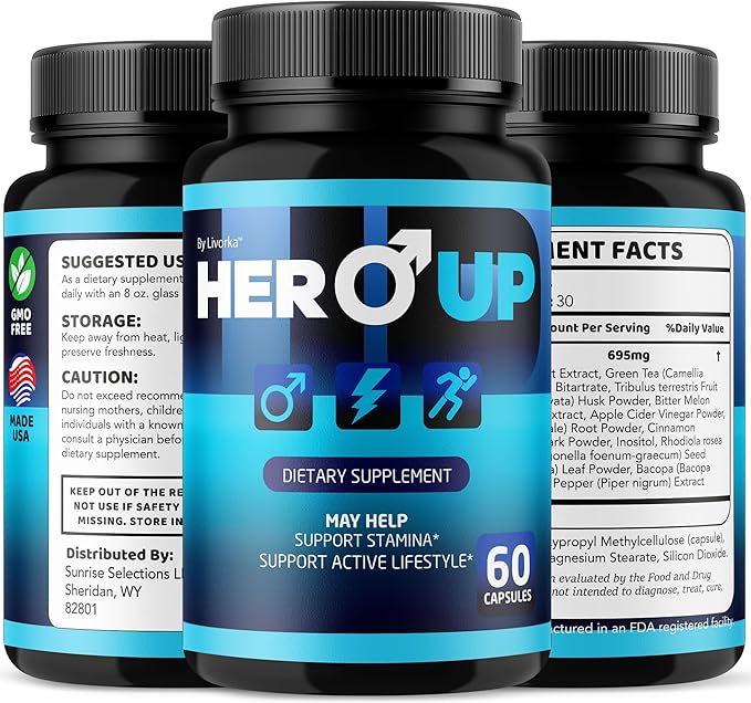 LIVORKA Hero Up Capsules - Official HeroUp Supplement Pills for Men - Maximum Strength Energy Support All Natural Hero Up Vitamins Support for Overall Health &amp Wellness 60 Capsules for 1 Month