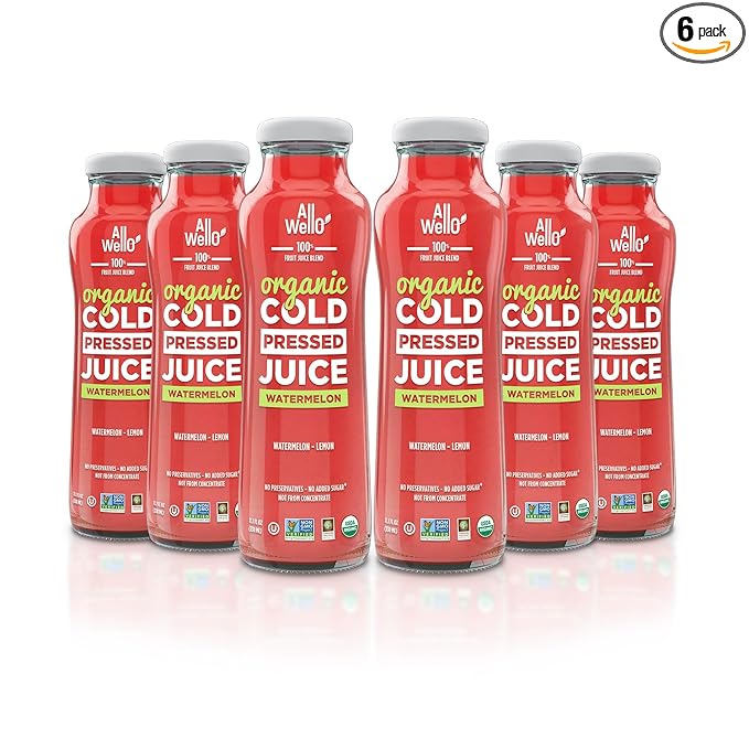 AllWellO Organic Cold Pressed Juice Drinks with Real Fruits and Vegetables Gluten Free Non-GMO Healthy Juices No Preservatives No Sugar Added (Watermelon 6 Pack)