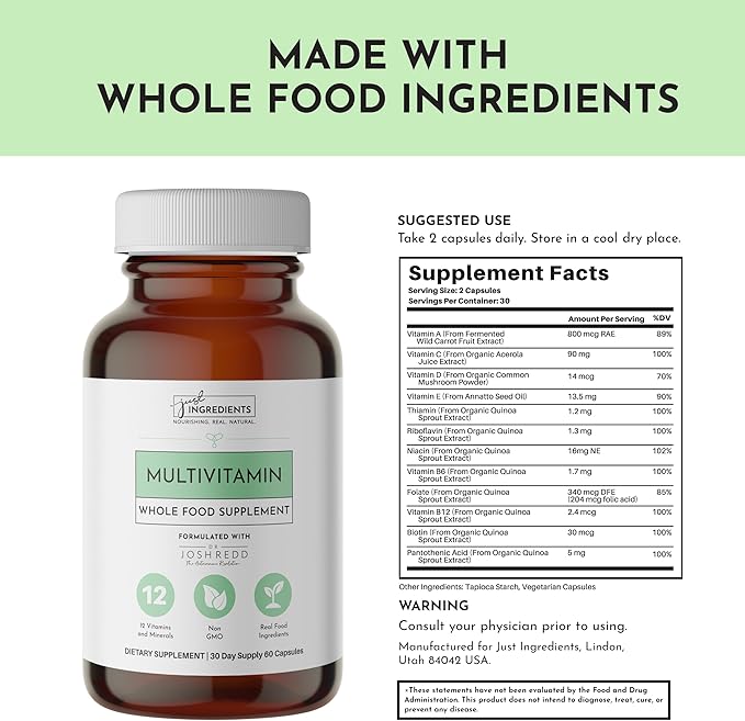 JUST INGREDIENTS Multivitamin Supplement - Plant-Based Vegetarian Muscle Growth - 60 Capsules