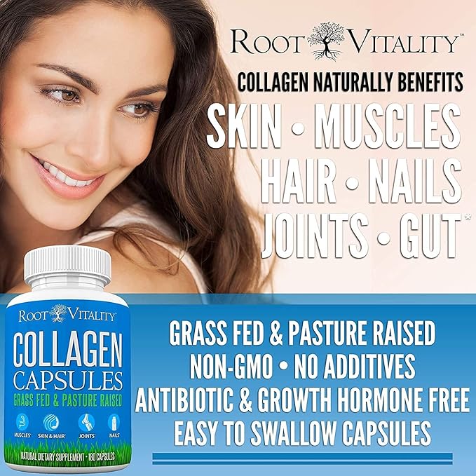 Root Vitality Collagen Peptides Capsules - Grass-Fed Pasture-Raised Hydrolyzed Protein Supplement for Skin Hair &amp Nails - Non-GMO Zero Sugar Daily Pills for Men &amp Women (180 Capsules)