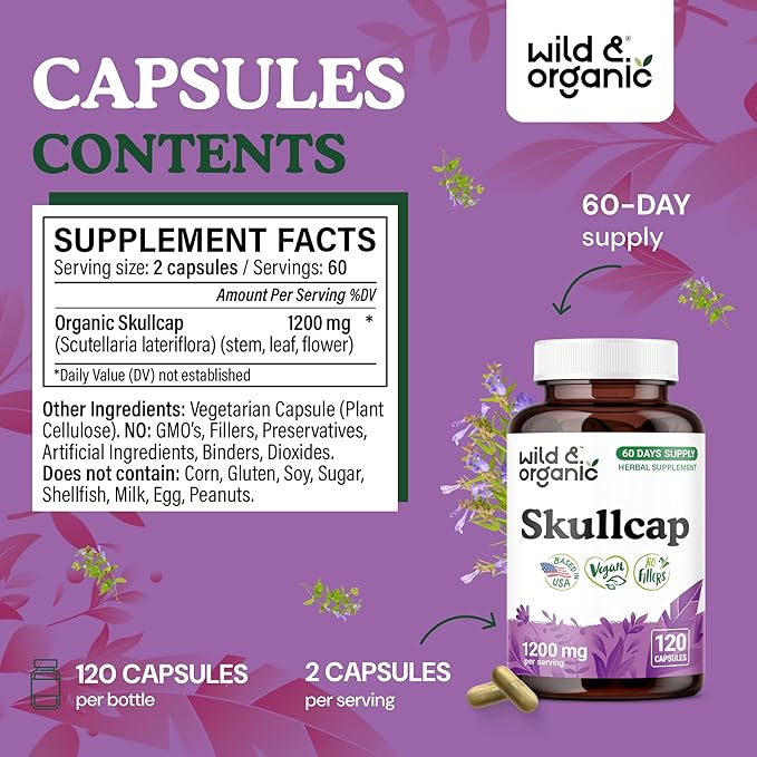 Wild &amp Organic Skullcap Herb Capsules 1200 mg - Calming Skullcap Supplement - 120 Capsules - Scutellaria Lateriflora Leaf Extract - 2-Month Supply - Vegan No Fillers Non-GMO