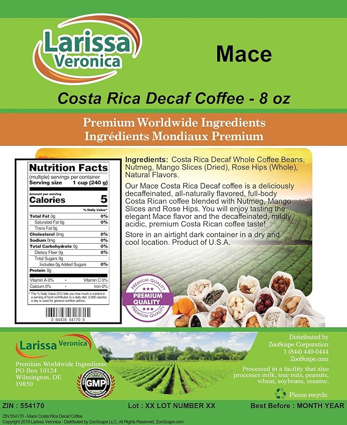 Mace Costa Rica Decaf Coffee (Gourmet Naturally Flavored Whole Coffee Beans) (8 oz ZIN: 554170) - 3 Pack